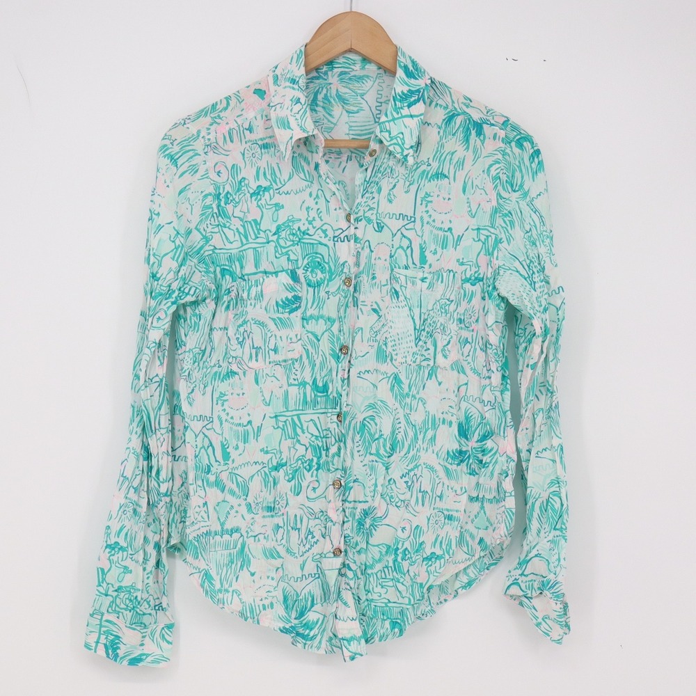Lilly Pulitzer Top Womens S Button-Down Teal White Tropical Print Excellent
